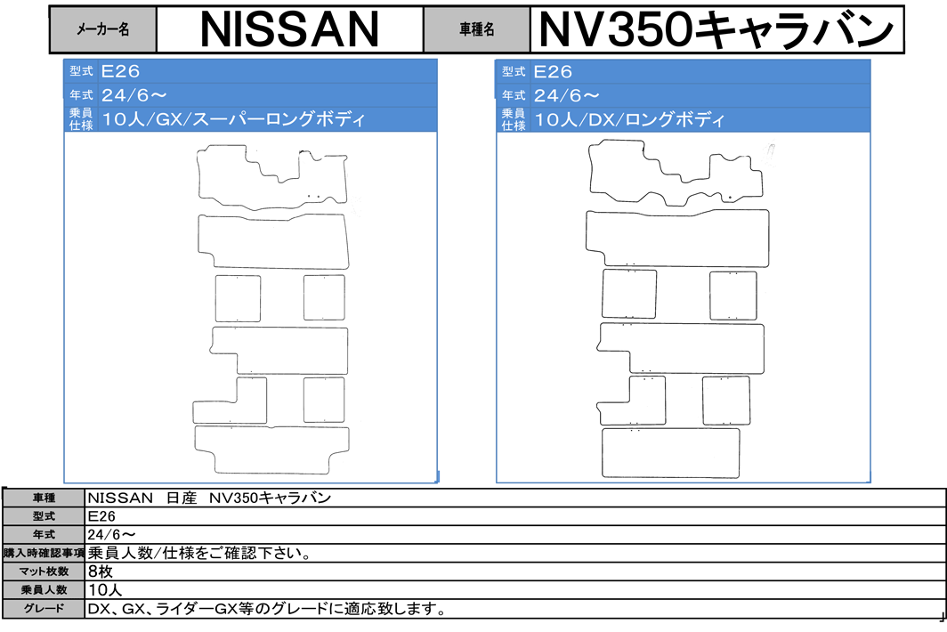 NV350キャラバン フロアマット E26 24/6～ 10人/標準 スタンダードタイプ