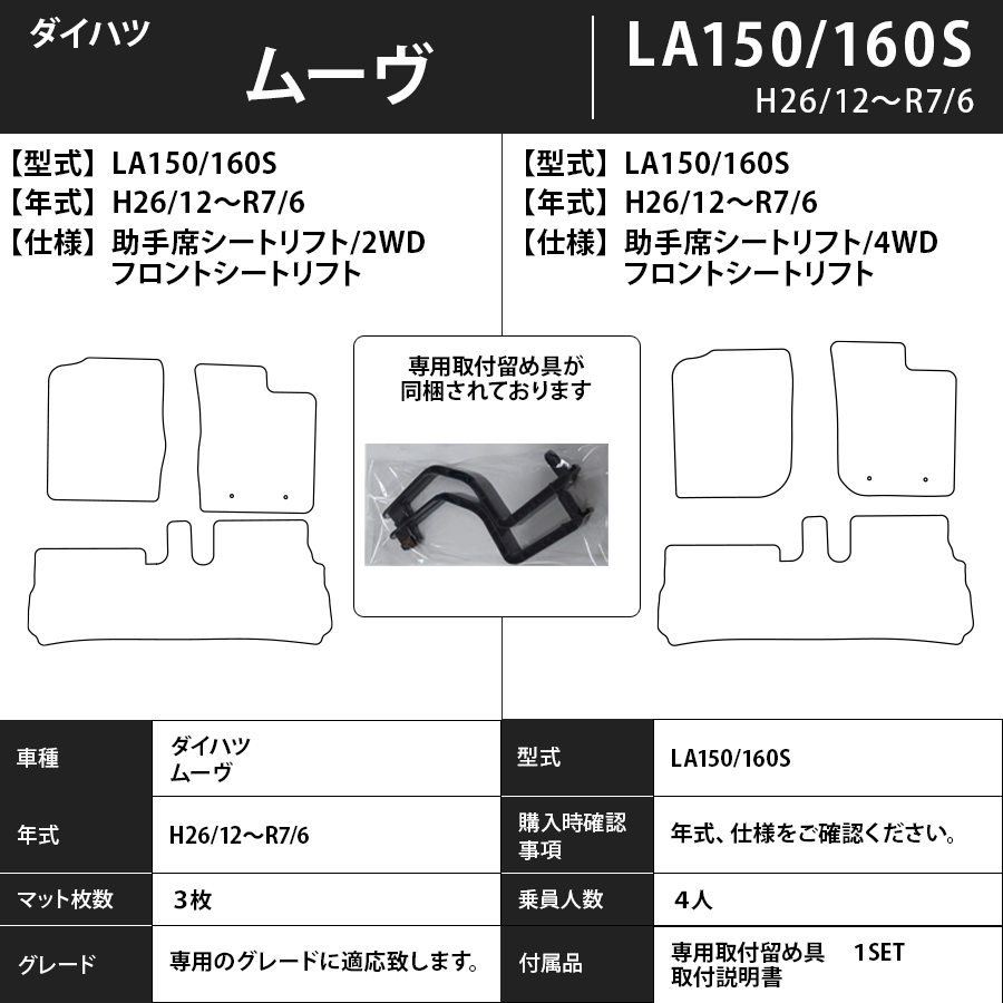 フロアマット ダイハツ DAIHATSU ムーヴ/ムーヴカスタム 福祉車 LA150/160S H26/12~R5/7 カーマット 抗菌 抗ウイルス 消臭 エコノミータイプ